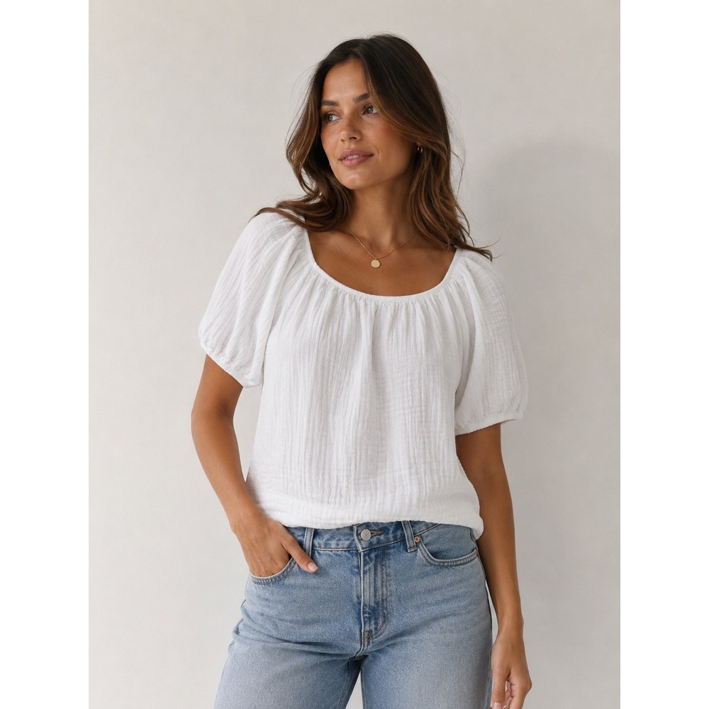 ON-34TH 100% Cotton Gauze Puff Sleeve Blouse Womens Size Large White Peasant Top